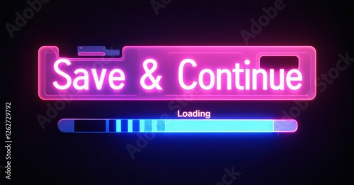 Save and Continue neon sign glowing in vibrant pink with a futuristic loading bar in blue. Retro gaming aesthetic with a digital interface, evoking nostalgia and progress theme photo