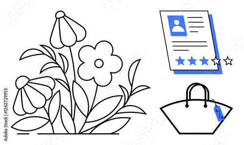 Flowers and leaves in bloom, a customer review with a four-star rating, and a shopping bag with a price tag. Ideal for e-commerce, gardening, customer feedback, retail, nature, shopping reviews