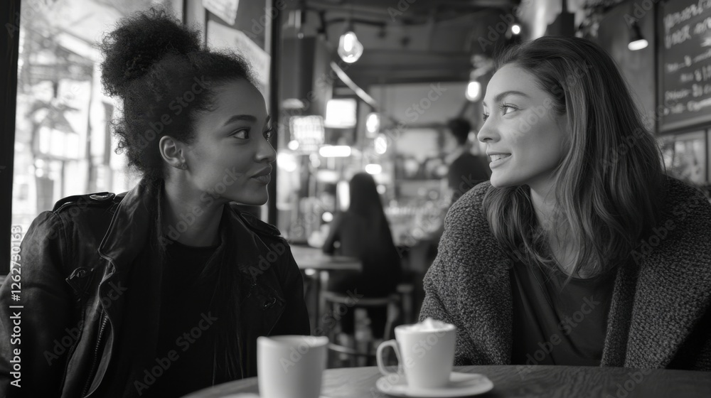 Two Women Enjoying Coffee Conversation in a Cafe Two Women Enjoying Coffee Conversation in a Cafe