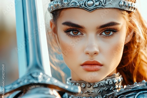 An artistic view of a female gladiator warrior in the midst of a fight, with a gladiatorial arena as the background