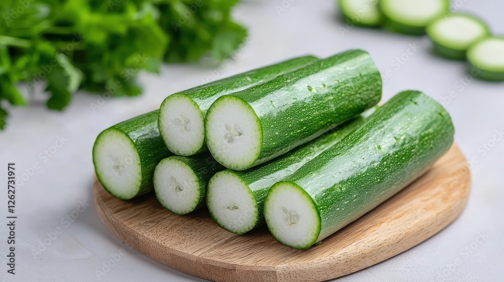 Fresh Green Zucchini Slices on Wooden Board Fresh Green Zucchini Slices on Wooden Board