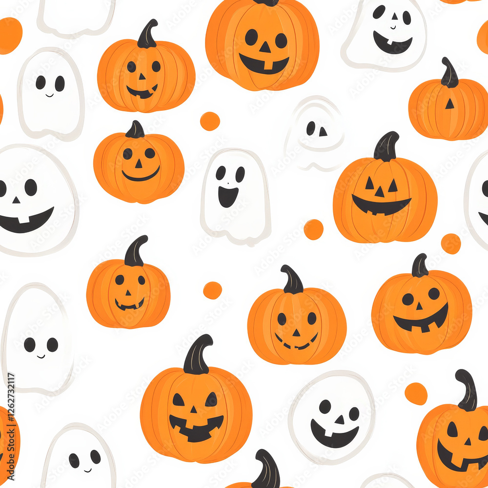 A cute and spooky pumpkin and ghost pattern with playful smiling faces A cute and spooky pumpkin and ghost pattern with playful smiling faces