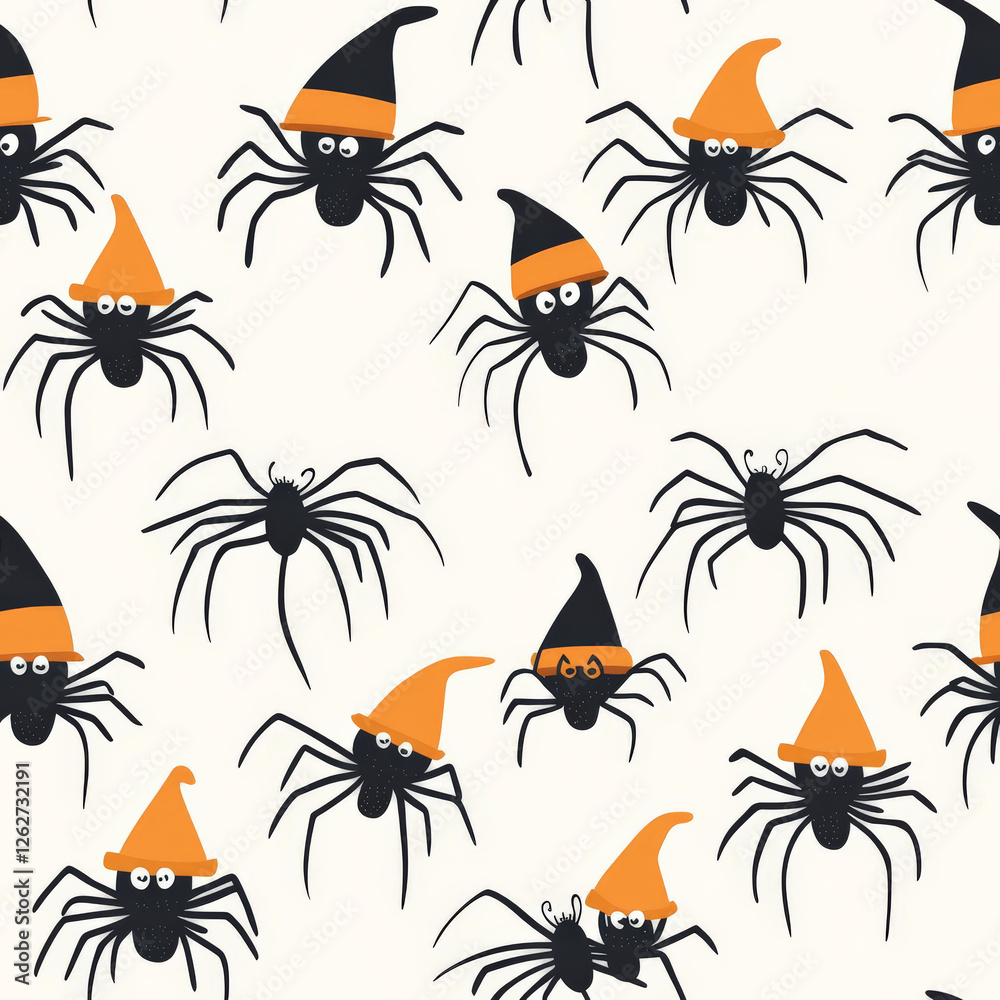 A playful spider pattern with tiny, round-bodied spiders wearing Halloween hats