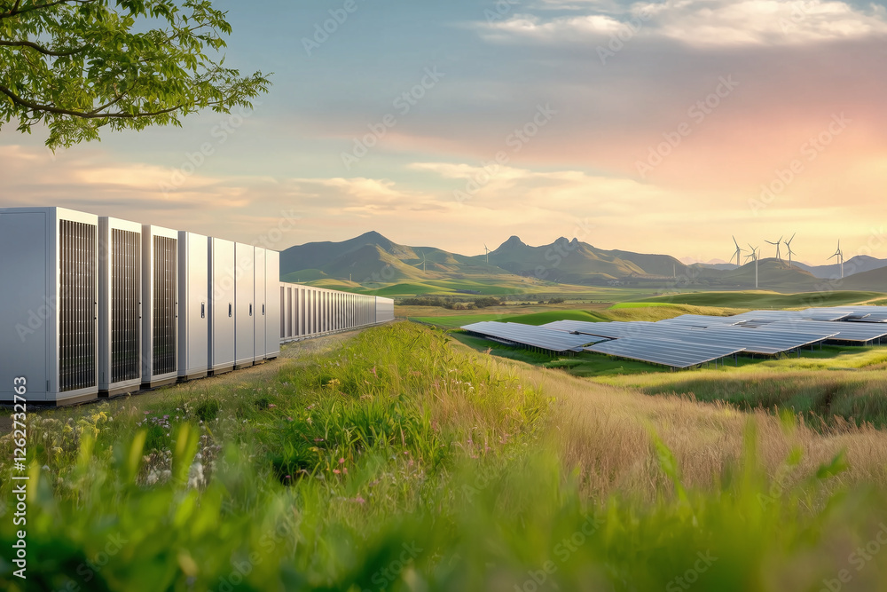 Fototapeta premium clean modern server farm with solar panels and wind turbines in scenic landscape showcases renewable energy sources amidst lush green hills and vibrant sky