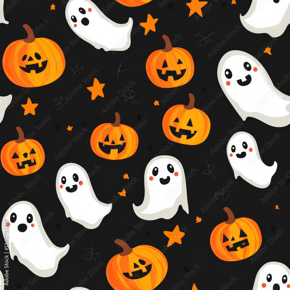 A cute and spooky pumpkin and ghost pattern with playful smiling faces A cute and spooky pumpkin and ghost pattern with playful smiling faces