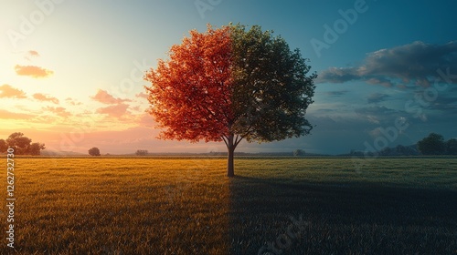A mesmerizing tree straddles day and night, with vivid colors on one side and soft dusk on the other, representing the harmony found in contrasts and life's duality.