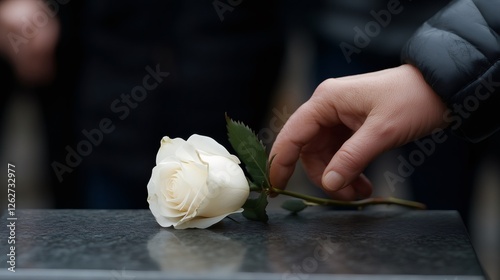 Mourner placing a single white rose on a dark tombstone during a solemn funeral, expressing grief and remembrance