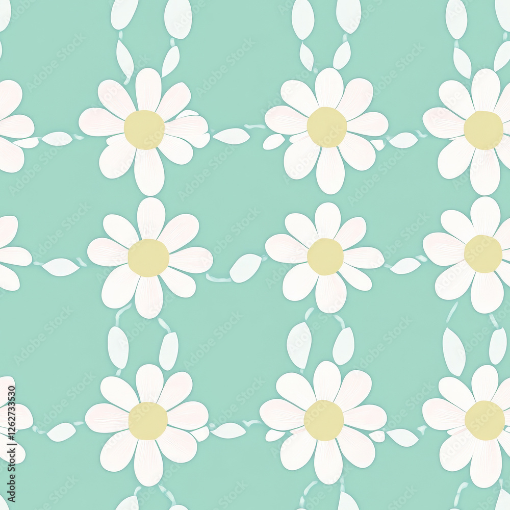 Obraz premium A daisy chain pattern with cute white daisies linked together on a pastel background