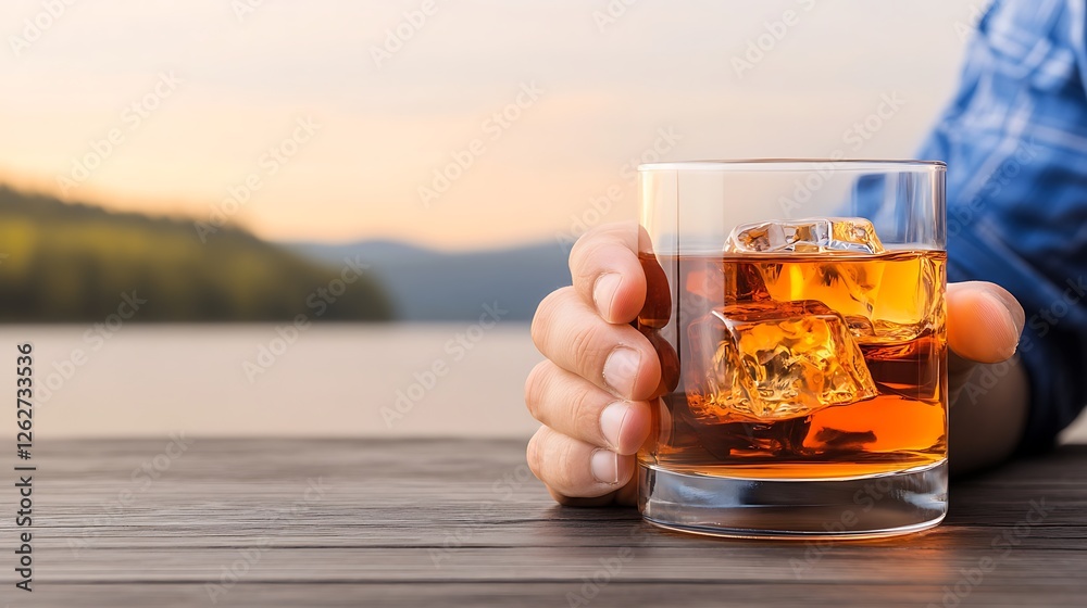 Enjoying a refreshing whiskey on the lake sunset vibes lifestyle photo serene environment Enjoying a refreshing whiskey on the lake sunset vibes lifestyle photo serene environment