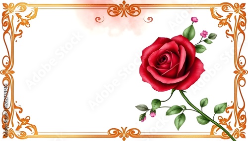  A rich watercolor vector of an ornate blank letter-style paper with a gold border and a striking red rose. The floral details add warmth with shades of pink, purple, and green. 