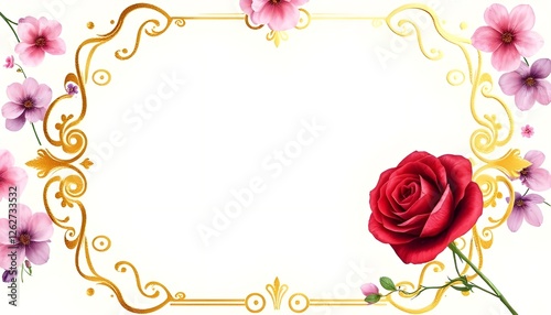 A blank decorative sheet with golden filigree and a vibrant red rose. Surrounding floral elements of pink and purple create a soft, whimsical look