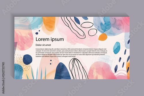 Modern abstract vector banner  background with fluid shapes in pastel shades of pink, blue, orange, and beige. Hand-drawn line art elements, organic patterns, artistic brush strokes. Placeholder text.