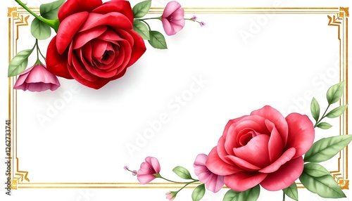 A dreamy watercolor vector of an invitation-style blank paper with a golden border and a prominent red rose. The floral embellishments include pink and purple flowers with delicate green leaves.