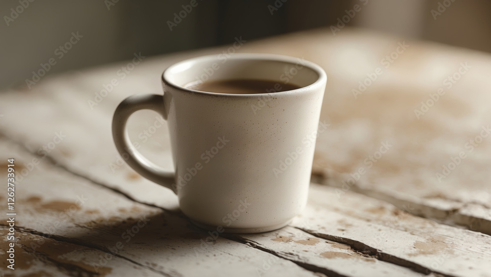 Warm cup of coffee resting on rustic wooden table in cozy setting during late morning hours Warm cup of coffee resting on rustic wooden table in cozy setting during late morning hours