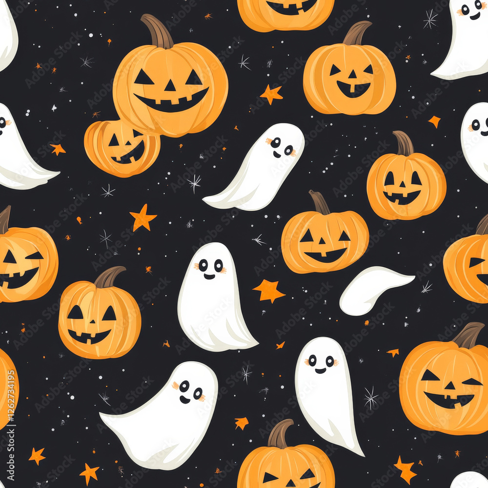 A Halloween ghost and pumpkin pattern with cute floating spirits among jack-o'-lanterns