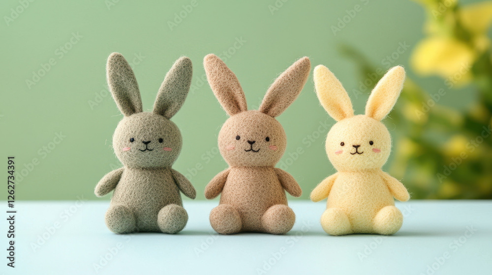 Fototapeta premium Soft pastel colored Easter plush toys, featuring cute bunny designs