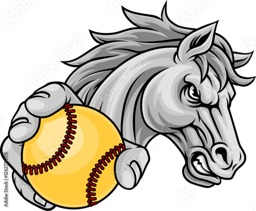 Horse mustang bronco stallion baseball softball angry sports team mascot holding a ball.