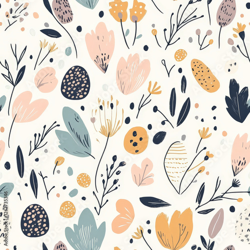 A boho floral Easter pattern with hand-drawn botanical elements and subtle pastel tones