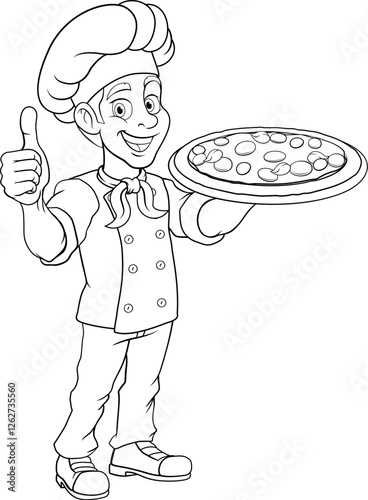 A chef cook holding a pizza cartoon food man mascot character illustration