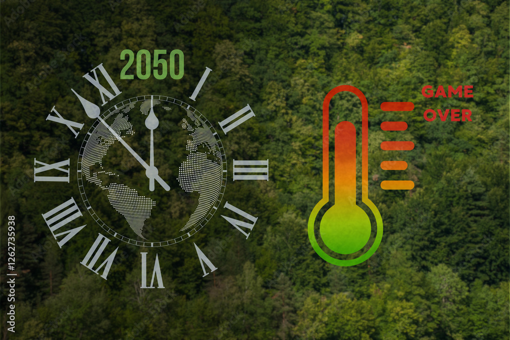 zegar odliczający czas koniecznych zmian klimatycznych oraz termometr wskazujący niepokojący trend