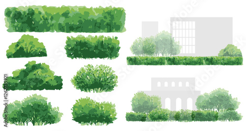 Vector architectural design illustration collection of hand drawn trees in watercolor style is useful for presentations