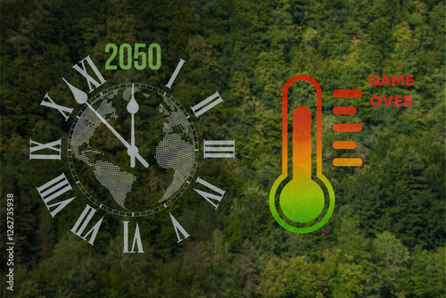 Obraz na płótnie zegar odliczający czas koniecznych zmian klimatycznych oraz termometr wskazujący niepokojący trend w salonie