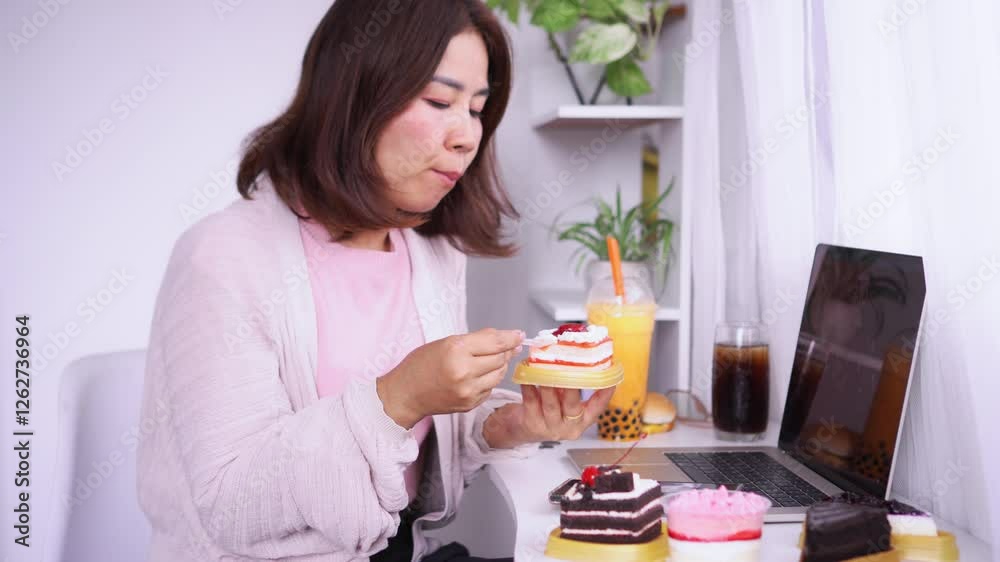 Asian woman enjoying unhealthy desserts, sweet cakes, and sugary drinks, sugar addiction or eating disorder Concept