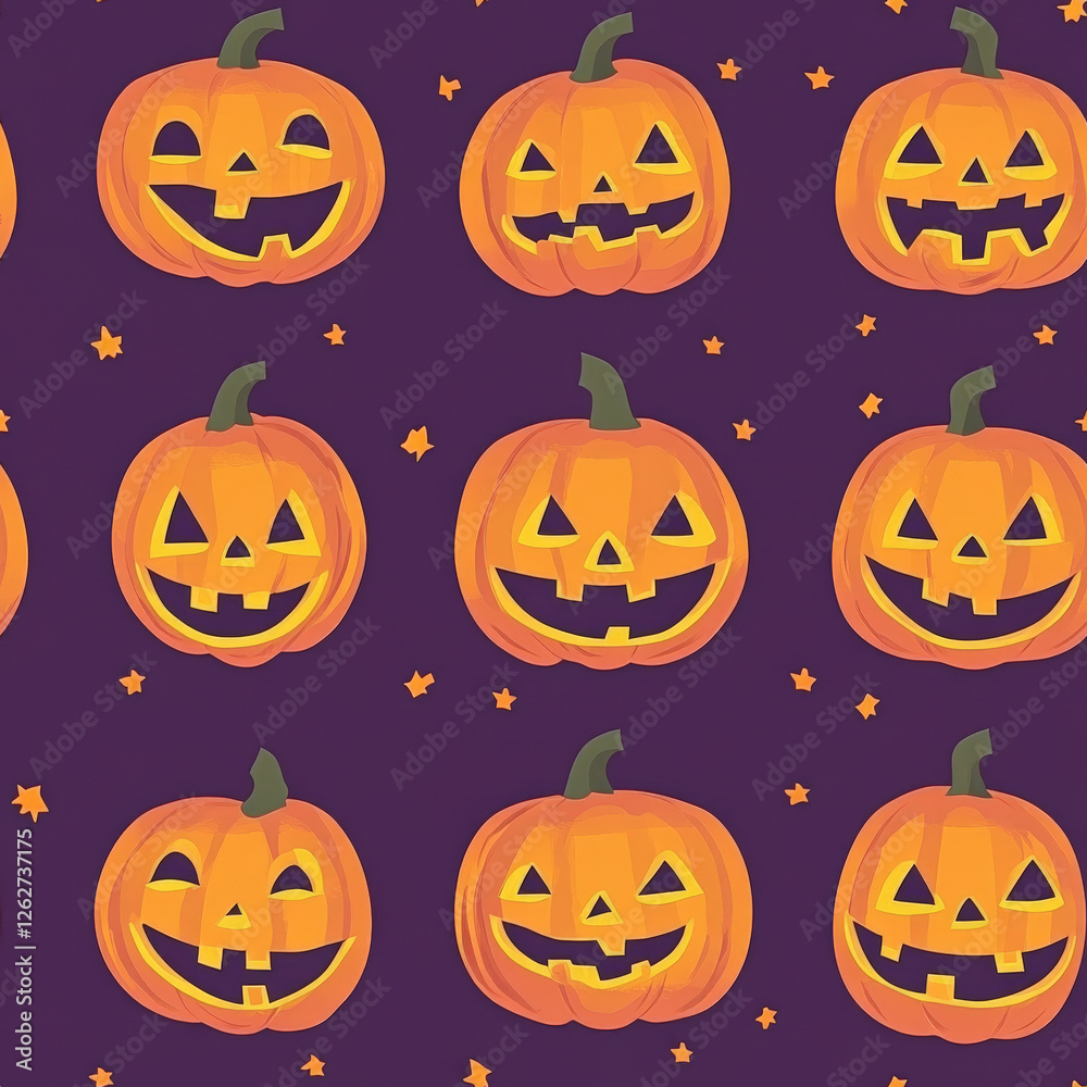 A cute Halloween pumpkin pattern with smiling and winking jack-o'-lanterns on a purple background A cute Halloween pumpkin pattern with smiling and winking jack-o'-lanterns on a purple background