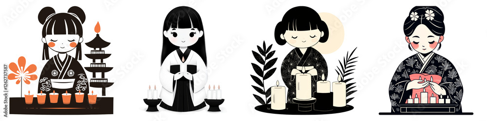 ancient Japan girl and Clipart concept. Four stylized characters with candles and floral elements in a dark-themed illustration. on Transparent background. ancient Japan girl and Clipart concept. Four stylized characters with candles and floral elements in a dark-themed illustration. on Transparent background.