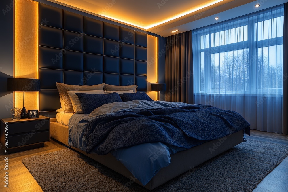 Fototapeta premium Cozy and modern bedroom design featuring soft lighting and a serene ambiance in the evening