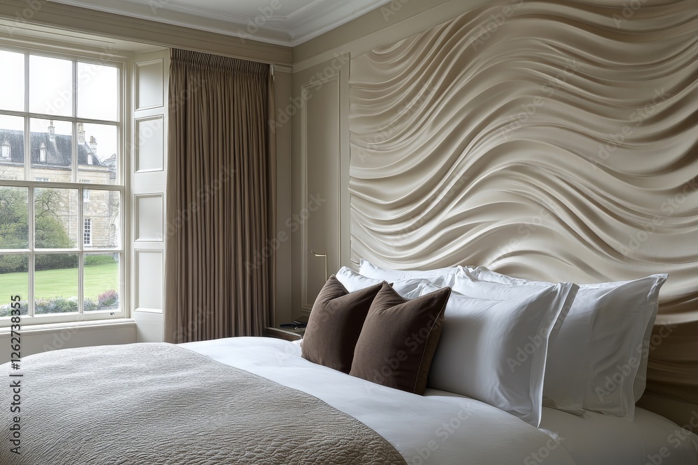 Fototapeta premium Elegant bedroom with textured wall and garden view during daylight hours
