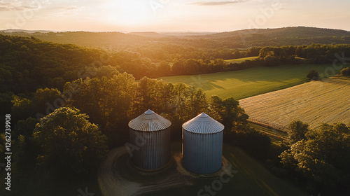Aerial view of two grain silos at sunset, surrounded by lush green fields and rolling hills. Golden light bathes the rural landscape.