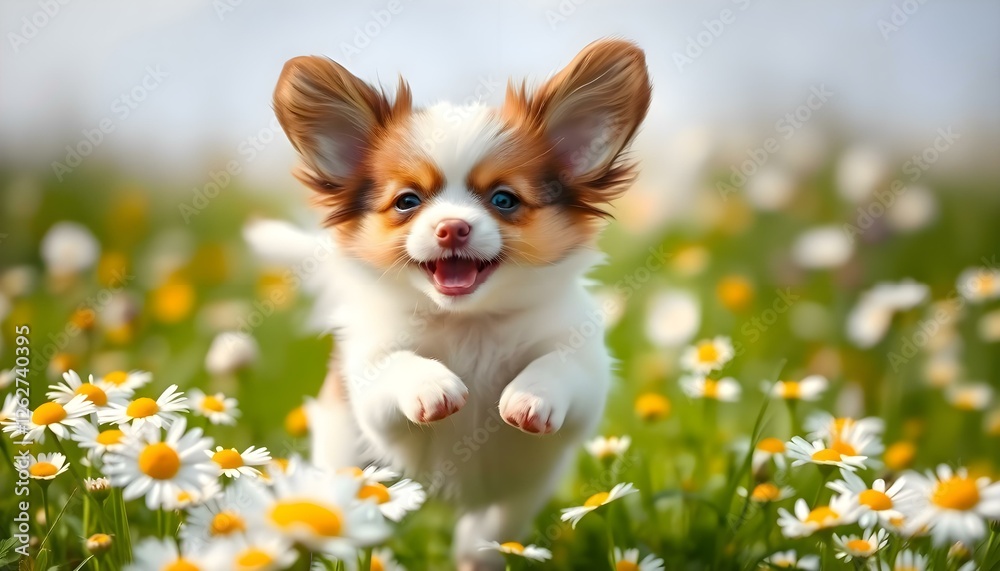 a small dog running through a field of daisies