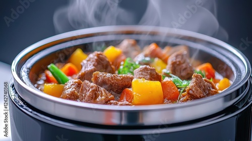 Steaming Beef Stew in Slow Cooker, Close-up