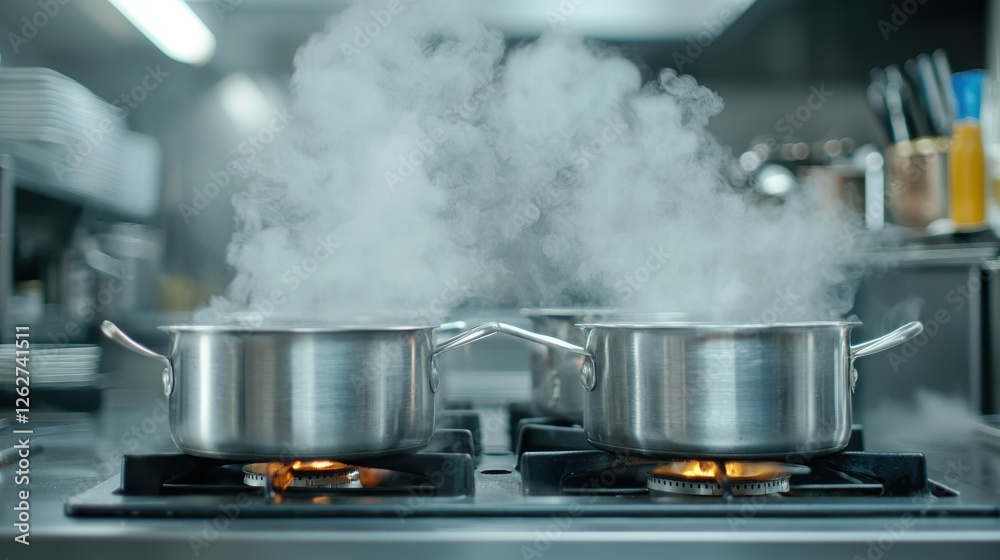 Steaming Pots on Restaurant Stovetop Steaming Pots on Restaurant Stovetop