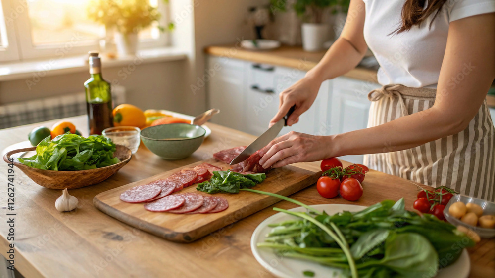Sliced salami in various shapes and sizes, showcasing its reddish-brown color and cured texture Sliced salami in various shapes and sizes, showcasing its reddish-brown color and cured texture