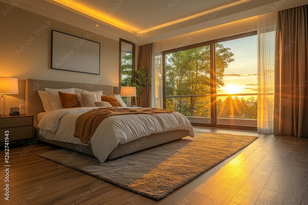 Fototapeta premium Beautiful modern bedroom with sunset view and warm lighting in a tranquil setting