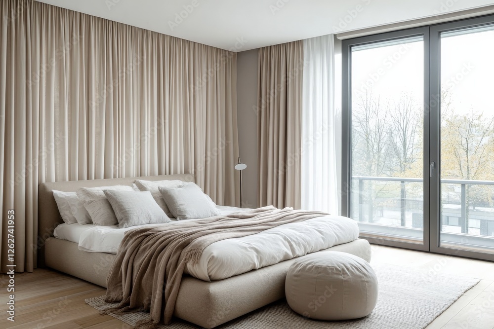 Fototapeta premium Cozy modern bedroom with neutral tones and large windows overlooking a tranquil outdoor view