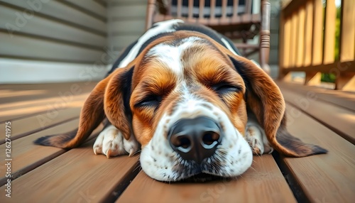 a brown and white dog laying on top of a wooden deck