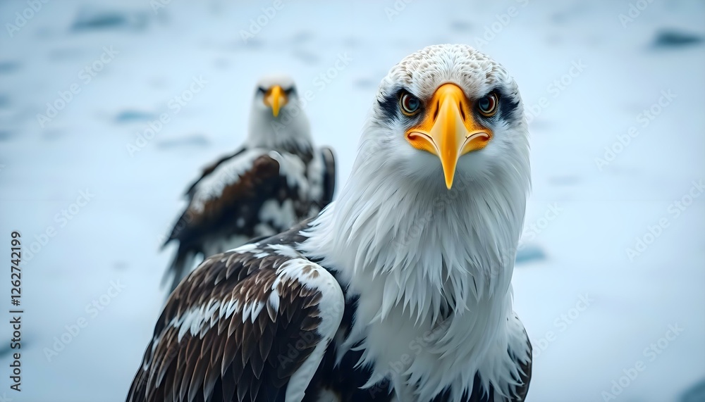 two large white and brown birds standing next to each other