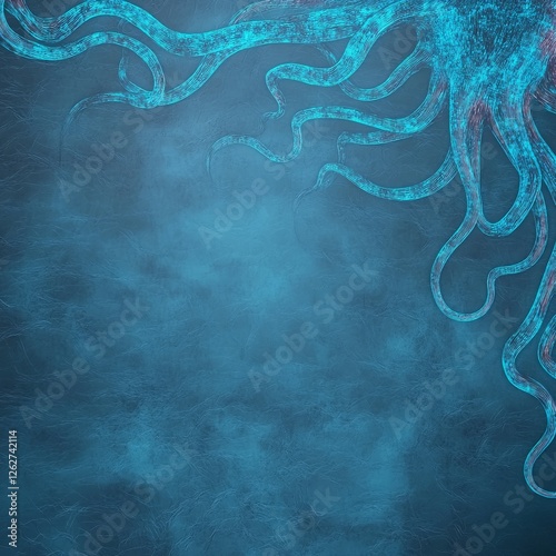 A vibrant blue illustration of an octopus, with swirling tentacles set against a textured dark background. photo