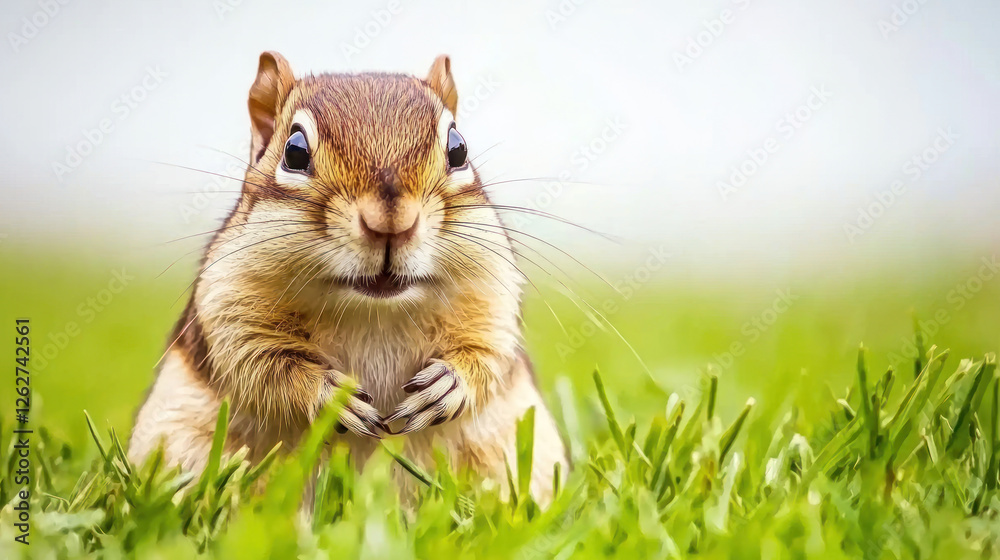 chipmunk stands in grassy field, showcasing its curious expression and delicate features chipmunk stands in grassy field, showcasing its curious expression and delicate features