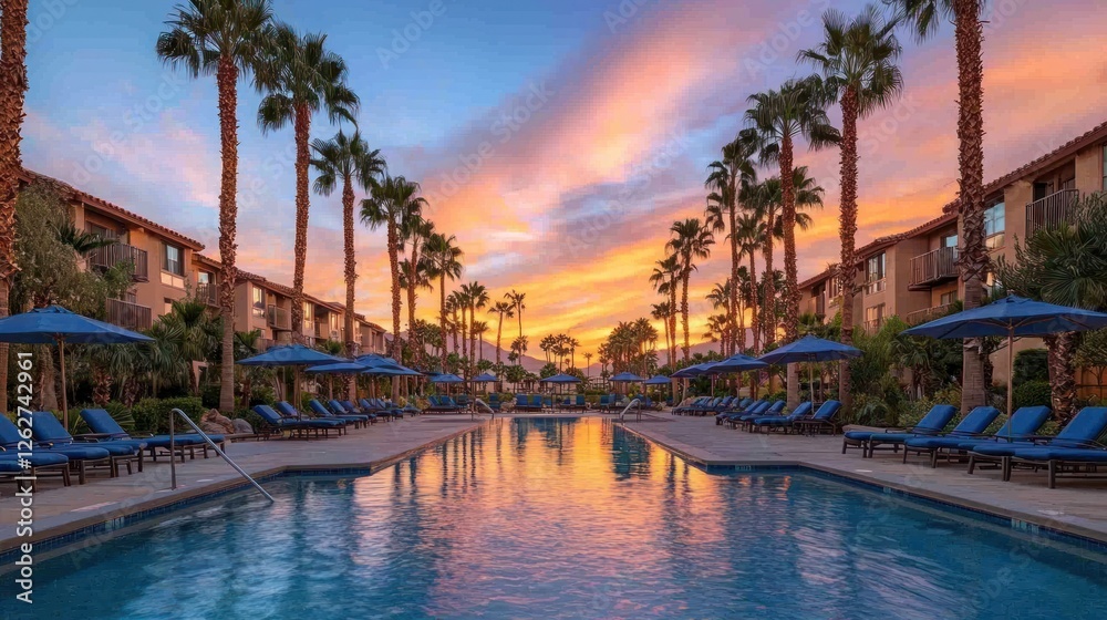 Fototapeta premium Desert resort pool at sunset with palm trees and umbrellas