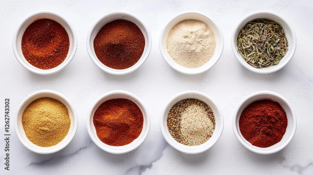 Assorted Spices in Bowls, Top View Assorted Spices in Bowls, Top View