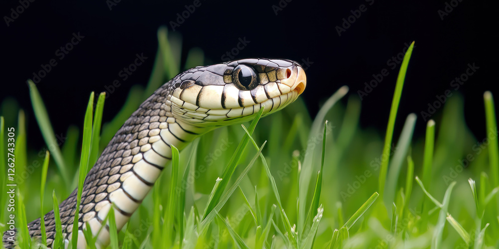 snake resting in lush green grass, showcasing its striking patterns and vibrant colors snake resting in lush green grass, showcasing its striking patterns and vibrant colors
