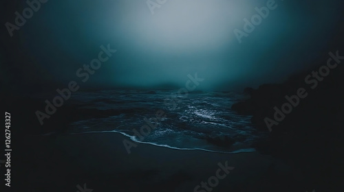 Mystical Ocean Shoreline Landscape With Fog Waves and Dark Sand Tranquil Ambience Serene Seascape photo