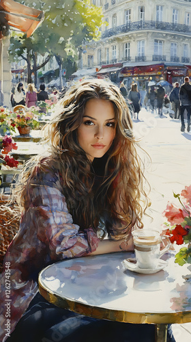 Wallpaper Mural A beautiful woman with long, curly hair is sitting at an outdoor café in Paris
 Torontodigital.ca