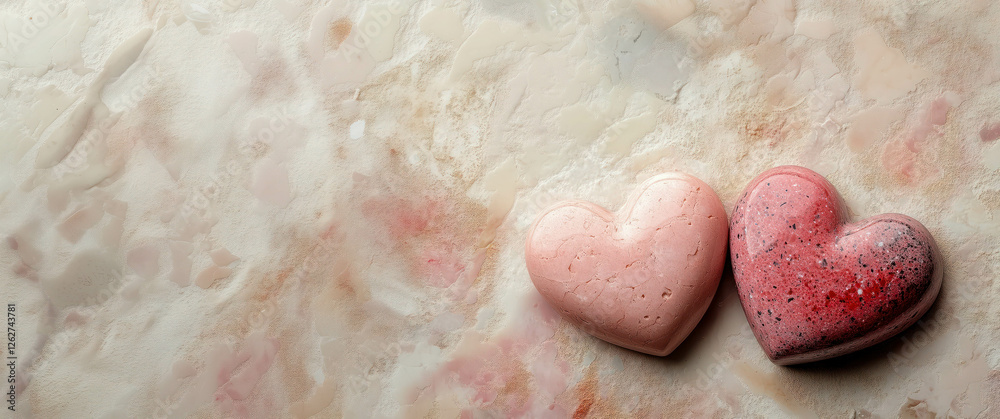 Fototapeta premium Two stone hearts resting on a white granite background. Valentines day concept.
