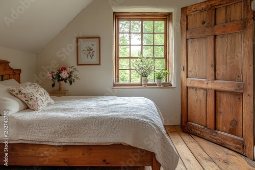 Cozy bedroom with rustic decor, natural light streaming through window and charming wooden elements in peaceful setting