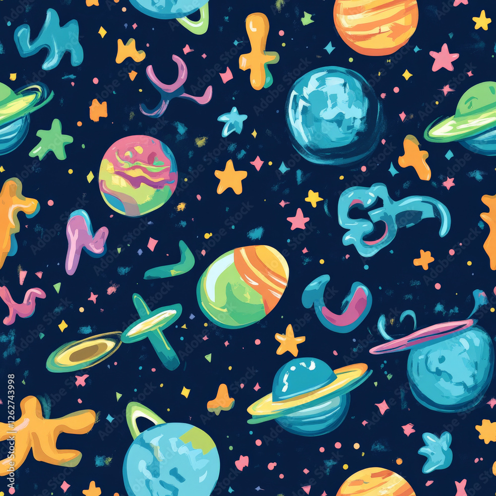 A fun puzzle planet pattern where kids piece together floating puzzle pieces to create dreamlike worlds